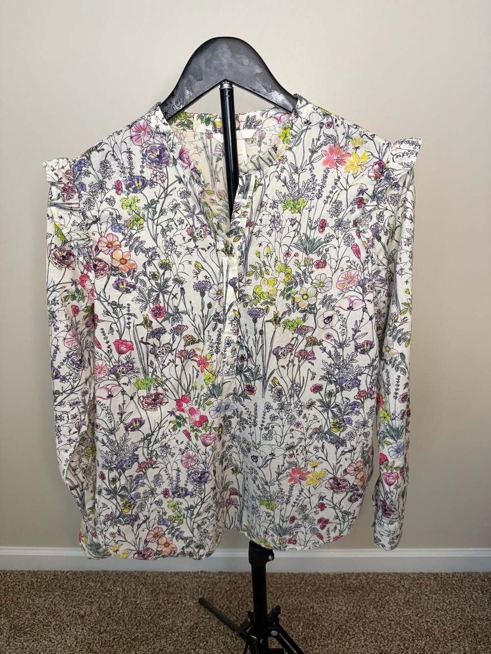 H&M Wildflower Floral Ruffle Shoulder Long Sleeve Blouse Size 8